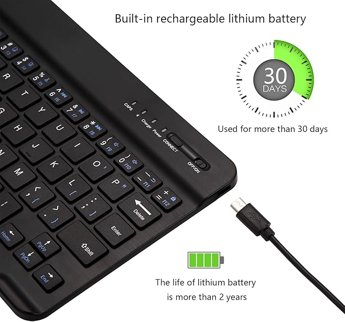 Ultra-Slim Bluetooth Keyboard Portable Mini Wireless Keyboard Rechargeable for Apple iPad iPhone Samsung Tablet Phone Smartphone iPadOS iOS Android (10 inch Black)