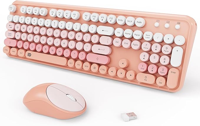 FOPETT 2.4GHz Wireless Keyboard and Mouse Set with Switch Button - Full-Size Keyboard - Compatible for Windows/Laptop/PC/Notebook/Smart TV and More - Pink