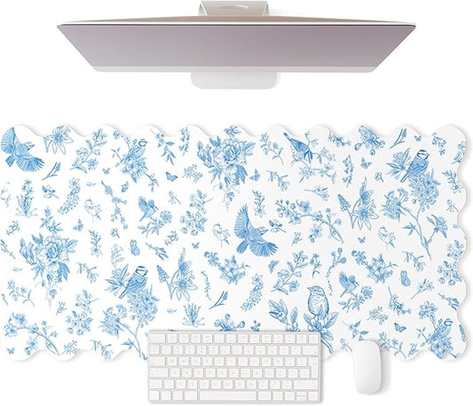 Scalloped Desk Mat Large Blue and White Floral Chinoiserie Mouse Pad 35.4'' x 15.7'' Vintage Nonslip Rubber Keyboard Pad for Laptop Computer Keyboard Vanity Work Home Decor