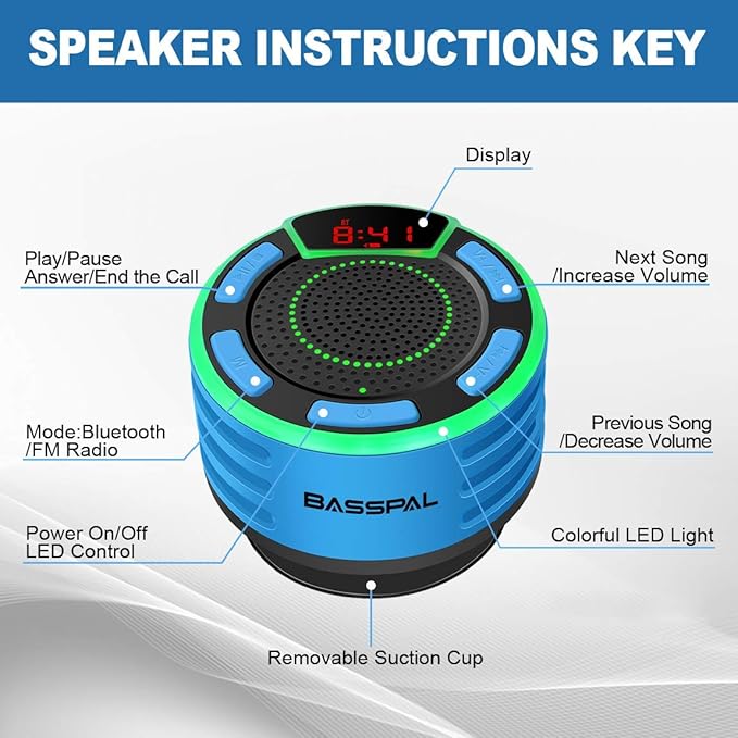 IPX7 Waterproof Speaker, Bluetooth Portable Wireless Shower Speakers with LED Display, FM Radio, Suction Cup, Light Show, TWS, Loud Stereo Sound for Pool Beach Home Party Travel Outdoors