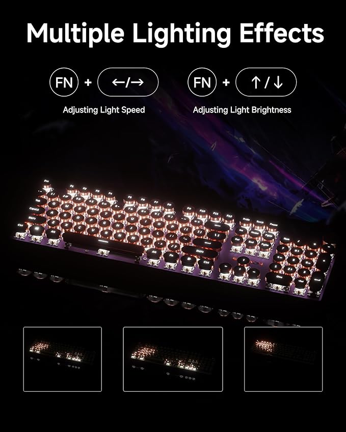 EWEADN V20 Typewriter Keyboard Wireless, 104 Keys Typewriter Style Mechanical with White Backlit, Media Knob, Pink Switch 2.4G/Bluetooth/USB-C Wired Retro Full Size Keyboard for Windows/Mac/PC-Purple