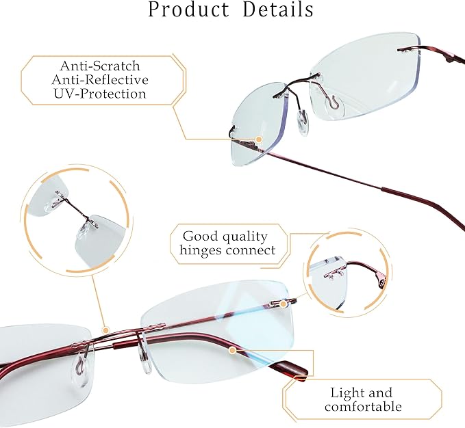 LifeArt Blue Light Blocking Computer Reading Glasses,Men's and Women's Rimless Frame (Red, +1.50 Magnification)