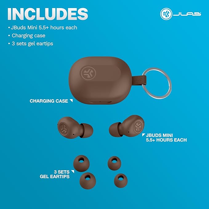 JLab JBuds Mini Tones True Wireless Bluetooth Earbuds with Charging Case, (4625 W), IP55 Sweat and Dust Proof, Bluetooth Multipoint, Be Aware Audio, 3 EQ Sound Settings, Crystal Clear Calls
