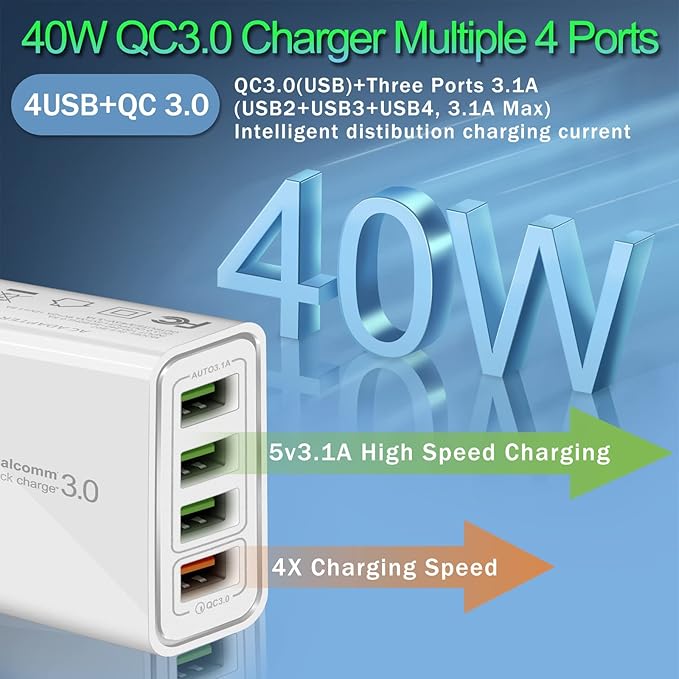 USB Charger 40W Quick Charge 3.0, CARZONJX 5V/3.1A 4 Port Fast Charging Block [with LED Light] Wall Charger Plug Cube for Galaxy/Note/Edge, iPhone 17 16 15 14 13 12 11 X 8, iPad, LG, Moto, Switch