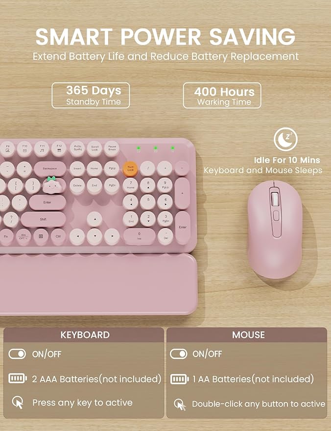 Wireless Keyboard and Mouse Combo, Typewriter Keyboard with Detachable Wrist Rest, Full-Size Retro Round Keycaps, Smart-Sleep, 2.4GHz Stable Connection for Mac/Windows/PC, Trueque(Dusty Rose)
