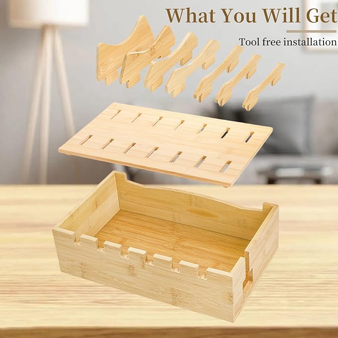 Bamboo Charging Station for Multiple Devices, Desktop Charging Organizer with Removable Divider Slots, Docking Stations Stand for 6 Devices, Compatible with Tablets, iPads, Cell Phone, Laptop