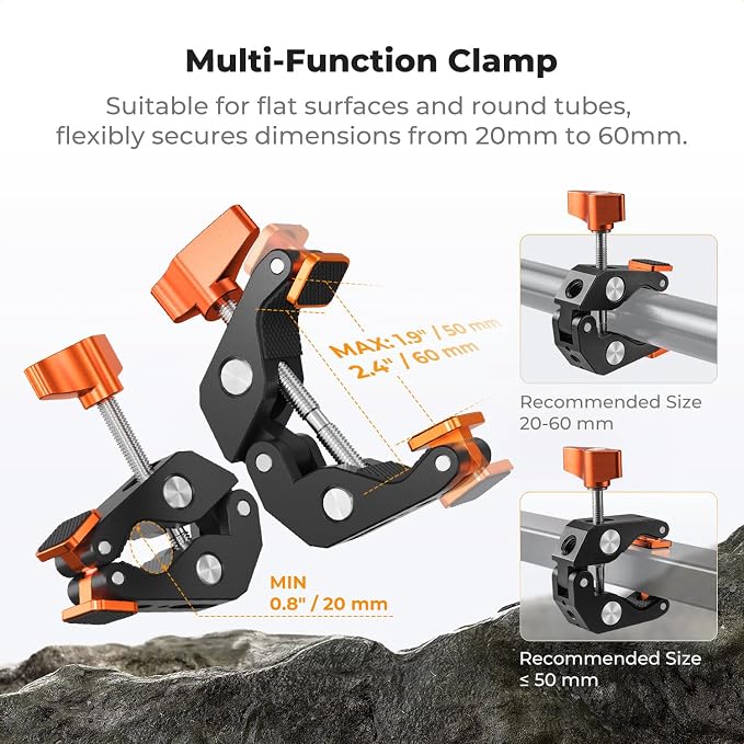 K&F CONCEPT Camera Mount Clamp, Super Crab Clamp with Rotatable Clamping Block, 1/4" and 3/8" Thread Holes for Round Pipe Flat Surface, Camera Mounts, and Other Photographic Accessories - Image 2