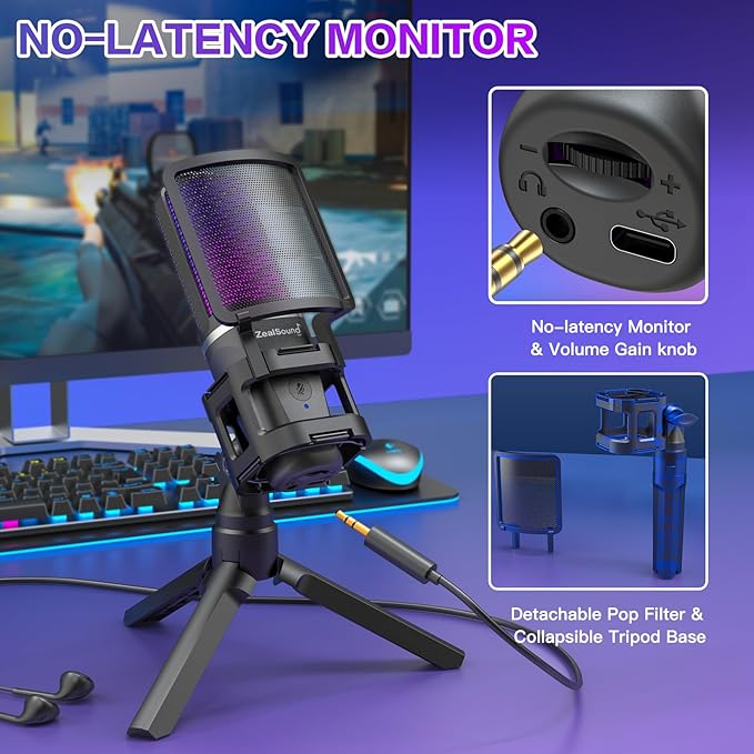ZealSound Gaming USB Microphone for PC,RGB Condenser Computer Mic with Tripod Stand,Quick Mute,Gain Control for Gaming,Streaming,Podcasting,Recording,ASMR,Cardioid Mic Kit for Laptop/PS4/PS5/Phone
