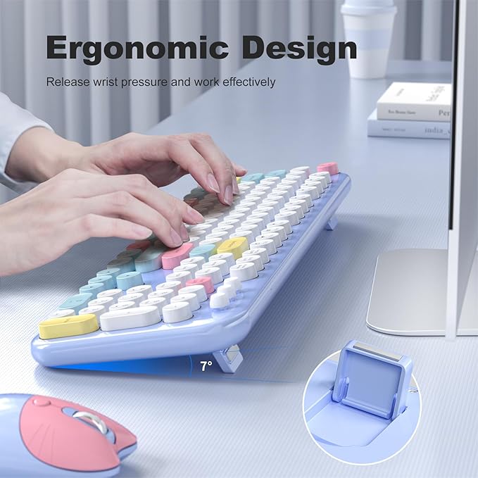 Wireless Keyboard and Mouse, Full Size Typewriter Keyboard and Cute Cat Shape Design Mouse Combo for Windows 7/8/10, Laptop, Desktop, PC, Computer (Blue)