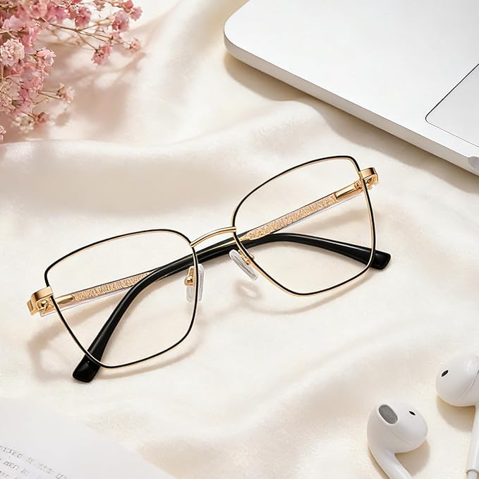 Dollger Blue Light Blocking Glasses for Women Trendy Oversized Computer Eyeglasses Cat Eye Metal Frame bluelight glasses Gold