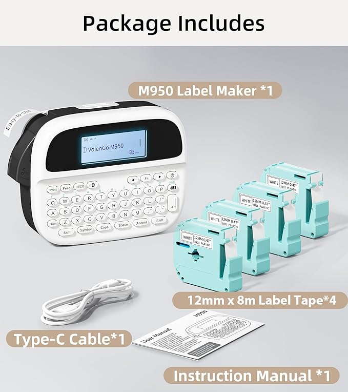 Label Maker Machine with 4 Tapes, M950 Rechargeable Backlit Portable Labelmaker, Inkless 12mm Label Printer for Pantry Organizer, Waterproof Removable Freezer Food-Labels for Jars/Containers/Bottle
