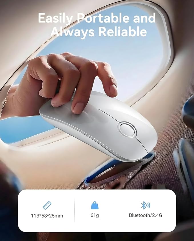 RAPIQUE R306 Wireless Mouse, Bluetooth 5.1 & 2.4GHz Dual Mode Silent Mouse, Silver Gloss Top with White Matte Base, Slim Portable Mouse for Laptop, MacBook,Tablet, Chromebook (Silvery)