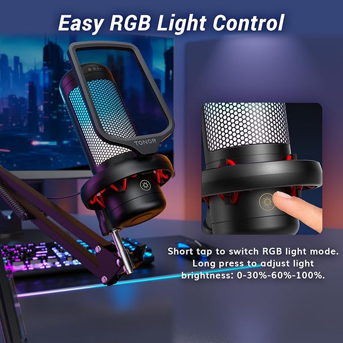TONOR Gaming Microphone Set with Boom Arm, Vocal Condenser Microphone for PC with Stand, USB Mic with controllable RGB Light, One Tap Mute, Volume Control, for Discord, Twitch Streaming, TC310+
