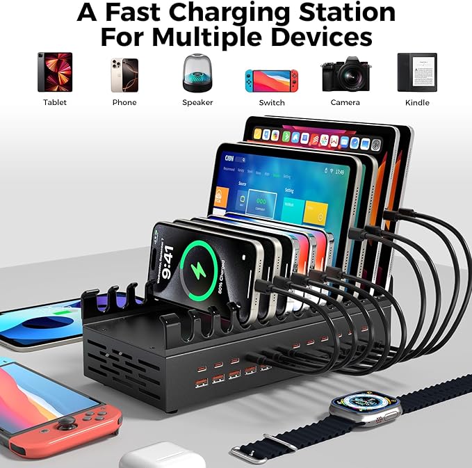 350W USB Charger Block Charging Station, 8 Port USB C Fast Charging Station for Multiple Devices, PD 100W USB Fast Charger Block Compatible with Laptop, Tablet, ΐPhone, iPad and More
