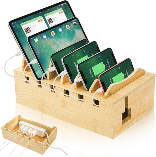 Bamboo Charging Station for Multiple Devices, Desktop Charging Organizer with Removable Divider Slots, Docking Stations Stand for 6 Devices, Compatible with Tablets, iPads, Cell Phone, Laptop