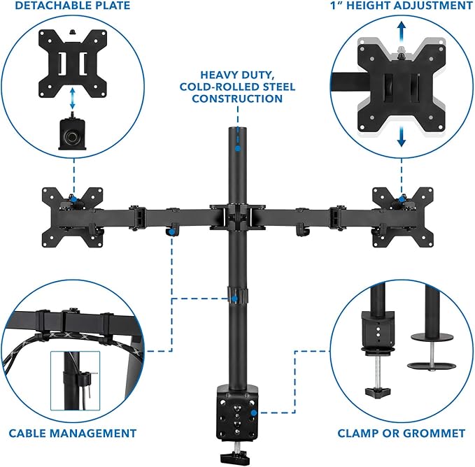 Mount-It! Dual Monitor Mount | Double Monitor Desk Stand | Two Heavy Duty Full Motion Adjustable Arms Fit 2 Computer Screens 17 19 20 21 22 24 27 Inch | VESA 75 100 | C-Clamp and Grommet Base