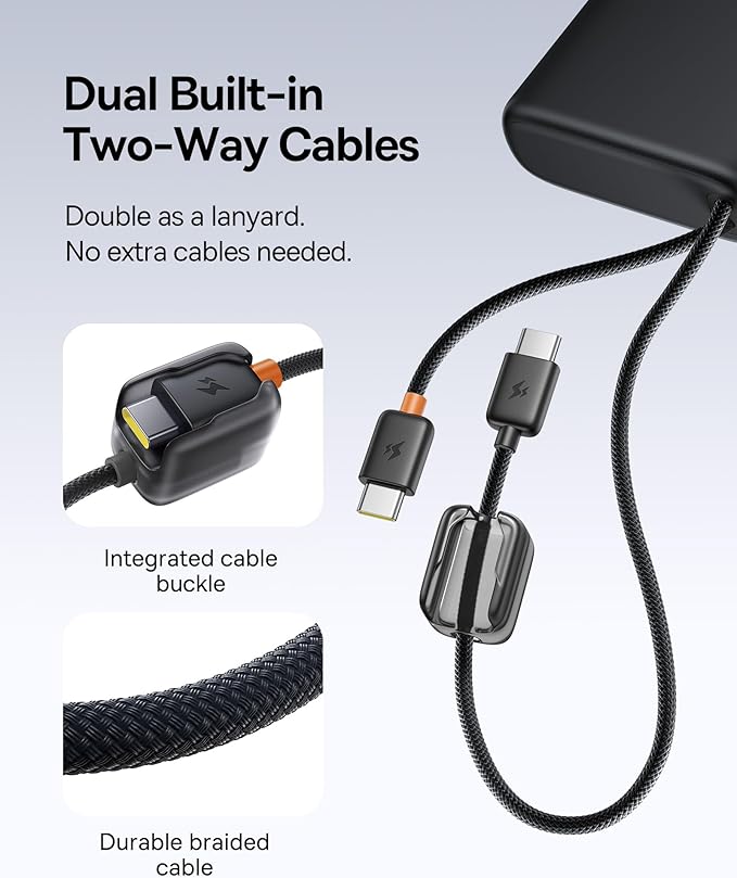 Baseus 25000mAh Power Bank, 140W Laptop Portable Charger with Dual Built-in USB-C Cables, PD3.1 Fast Charging Battery Pack for MacBook Pro/Air, iPhone 17/16/15/14, Galaxy S24, Steam Deck, iPad