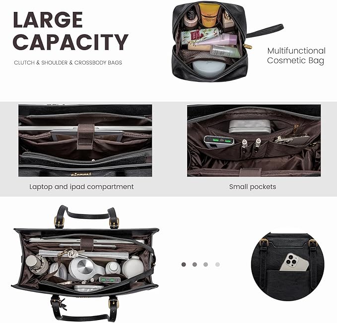 LOVEVOOK Laptop Bag for Women Vintage Leather Work Tote 15.6 inch Large Capacity Computer bag with Clutch Purse for Office, Travel, Casual