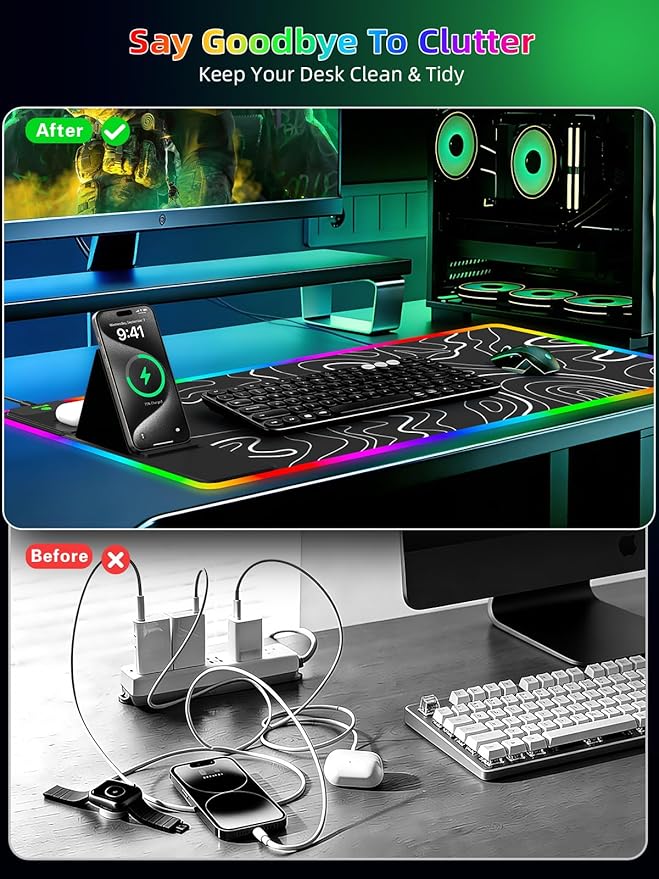 Mouse Pad with Adjustable Phone Stand Dual Wireless Charger, 15W Fast Charging Desk Mat, Extra Large 31.5x15.75 Waterproof Desk Pad for iPhone Samsung Air-Pods, Gaming Mousepad w/ 11&4 RGB
