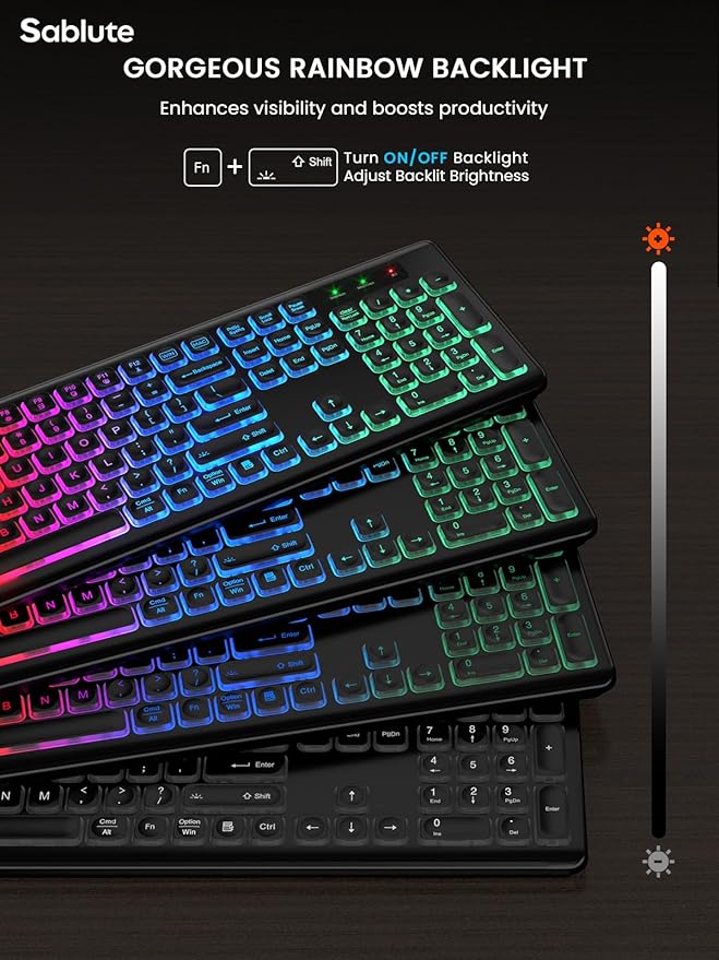 SABLUTE Wireless Keyboard and Mouse Backlit, Quiet Light Up Keys, Tilt Legs, Sleep Mode - Rechargeable USB Cordless Combo for Computer, iMac, PC, Laptop (Black)