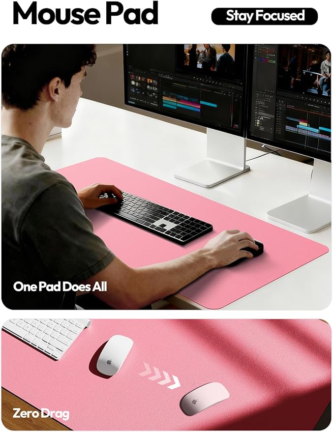 YSAGi Leather Desk Protector, Office Mat, Large Mouse Mat, Non-Slip PU Leather Blotter, Laptop Desk, Waterproof Writing Pad for Office and Home (Pink, 31.5" x 15.8")
