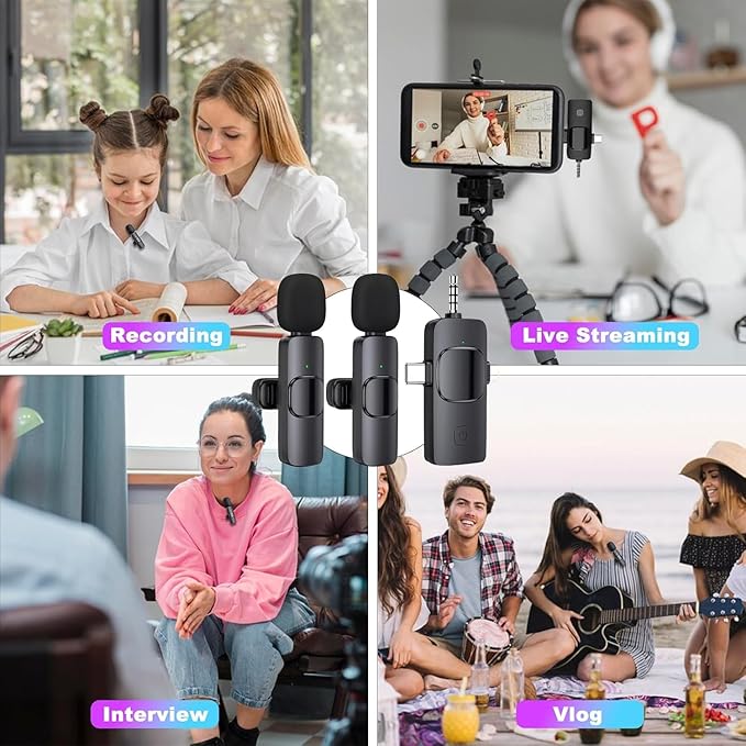3 in 1 Wireless Lavalier Microphone for iPhone, Android, Camera, 12Hour Battery, Noise Reduction Recording Mic 2.4G Ultra-Low Delay, Mini Microphone for Vlog/TikTok/YouTube Live Stream(2 Mic)