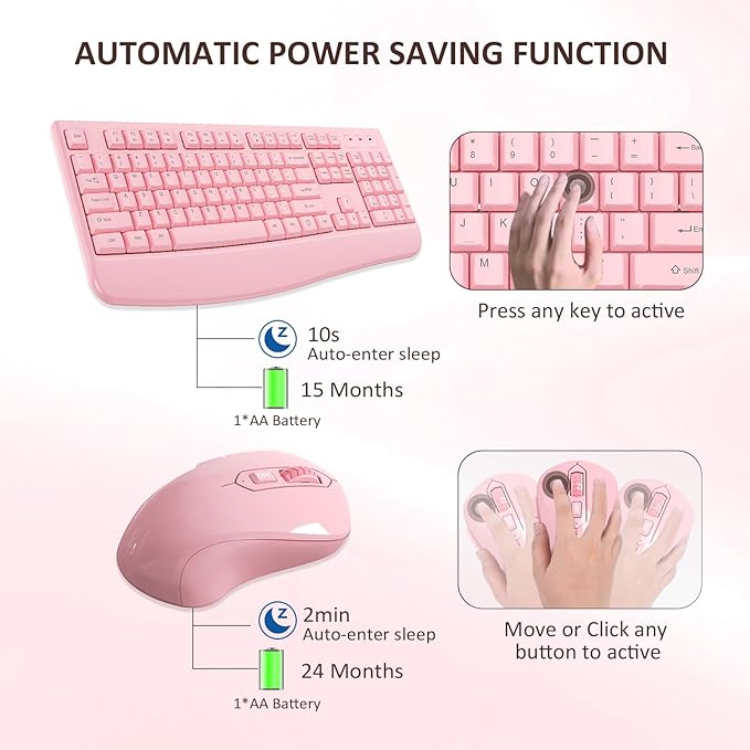 Wireless Keyboard and Mouse Combo, Full-Sized 2.4GHz Wireless Keyboard with Comfortable Palm Rest and Optical Mouse for Windows, Mac OS PC/Desktops/Computer/Laptops (Full Pink)