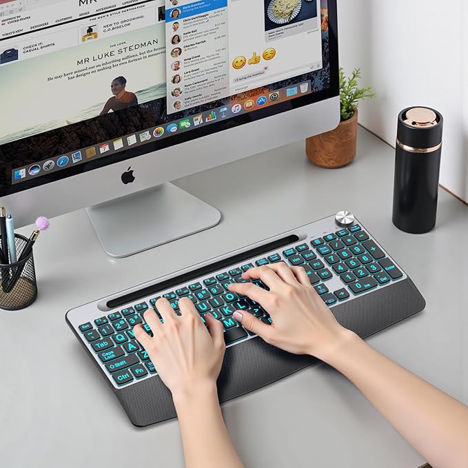 Large Print Backlit Wireless Keyboard with Wrist Rest-Low-Profile,Phone/Tablet Holder,Rechargeable with Light Up Keyboard,Ergonomic Quiet Computer Keyboard for Desktop,Laptop, PC, Mac-Grey