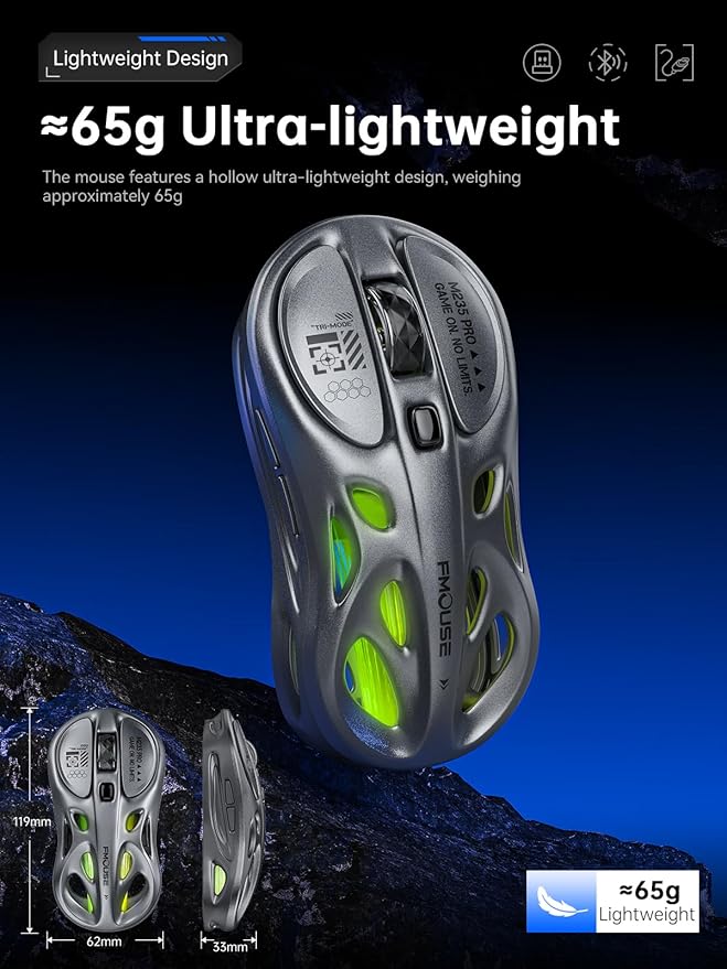 Gaming Wireless Mouse, Tri-Mode (2.4G/Bluetooth/Wired), 4800 DPI, 1000Hz Ergonomic Hollow RGB Rechargeable Type-C for Mac/Laptop/iPad/Office - Gray