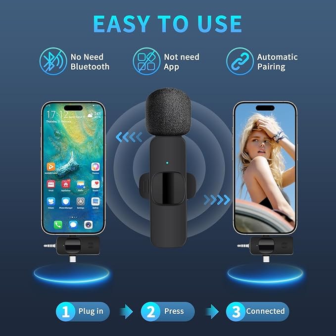 3 in 1 Wireless Lavalier Microphone for iPhone, Android, Camera, 12Hour Battery, Noise Reduction Recording Mic 2.4G Ultra-Low Delay, Mini Microphone for Vlog/TikTok/YouTube Live Stream(2 Mic)