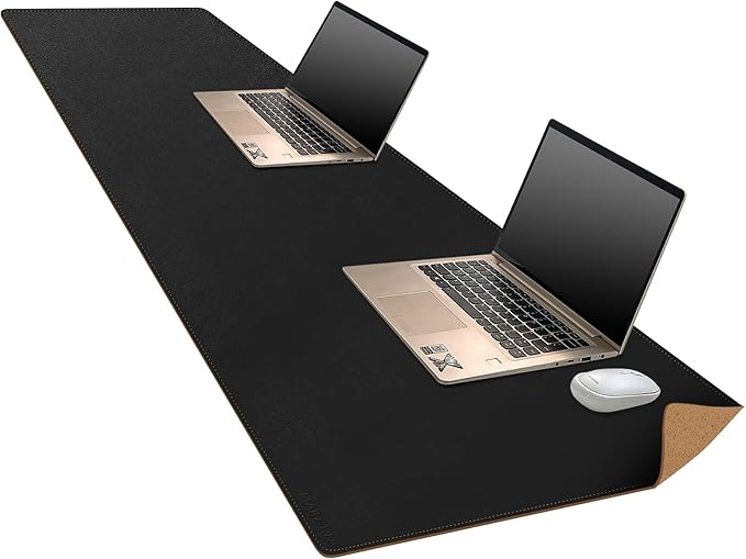 MAIDERN 70.8”x 15.7” Leather Desk Pad, Large Desk Mat, Cork & Leather Large Mouse pad for Desk, Waterproof Computer Desk Pad for Gaming Home Office (Black)