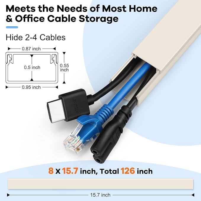 126in Cord Hider Kit, Wire Hiders for TV on Wall, Paintable Cable Management Kit, Wire Cover for Wall Mount TV, Hide Wires Along Wall, Beige Cord Cover Wall Wire Management, 8xL15.7in W0.95in H0.55in - Image 2