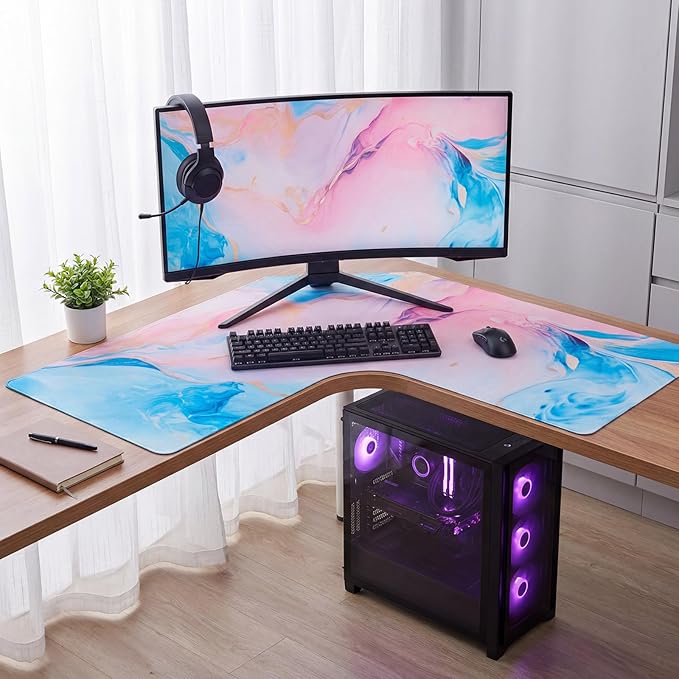 L Shaped Desk Mat for Corner, Large Extended Mouse Pad with Non-Slip Rubber Base, Blue&Pink Waterproof Desk Protector for Office & Gaming Setup
