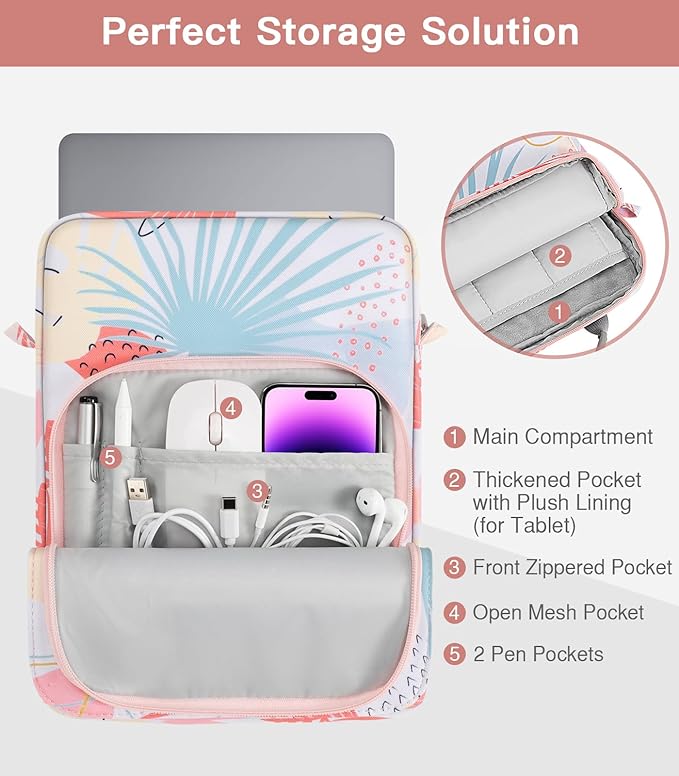 MoKo 15 Inch Laptop Sleeve Bag Fits New Mac Air 15" M5 2026, Mac Pro 14" M5/M5 Pro/M5 Max 2026, Galaxy Tab S9 Utra 14.6" 2023, Handle Carrying Case with Shoulder Strap, Tropical Leaf