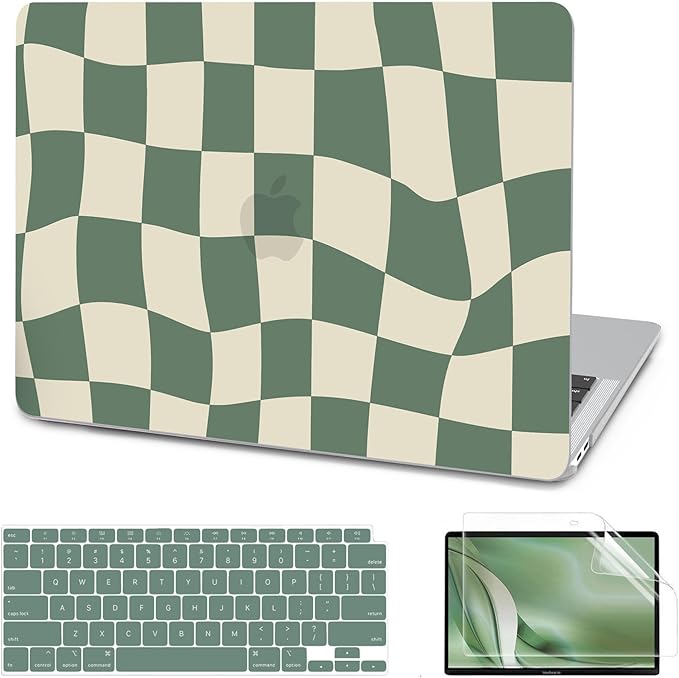 AKIT Compatible with MacBook Air 13 Inch Case M1 2022 2021 2020 2019 2018 A2337 A2179 A1932, Pattern Hard Laptop Shell+Screen Protector+Keyboard Cover for MacBook Air 13.3 Inch, Green Checkerboard