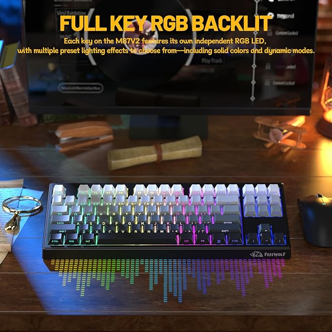 M87V2 87 Keys Membrane Gaming Wireless Keyboard,80% TKL Layout Side Printed Keys Retro Cute Creamy,RGB Backlit 4000mAh 2.4G/BT/Wired Computer Silent Keyboard for MAC PC-Gradient Black