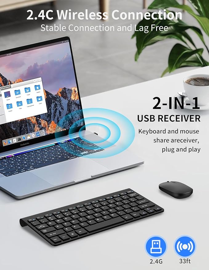 Compact Wireless Keyboard and Mouse Combo, Mini Portable Travel Keyboard and Silent Mouse Set with USB Receiver, Quiet Click, Small Size, Adjustable 2400 DPI for Computer, Laptop, PC, Windows - Black