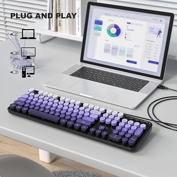 Wired Computer Keyboard, 104 Keys Full Size Typewriter Keyboards with Number Pad, USB Plug and Play Keyboard for Windows 7 8 10 11, PC, Laptop, Desktop (Black Purple)