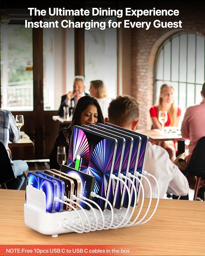 SooPii Multi USB Charging Station,100W 10-Port Type C Fast lPad Charging Station for Multiple Devices with 10 Cables and Adjustable Dividers, Compatible with Phone, Tablet,Kindle and More(White)