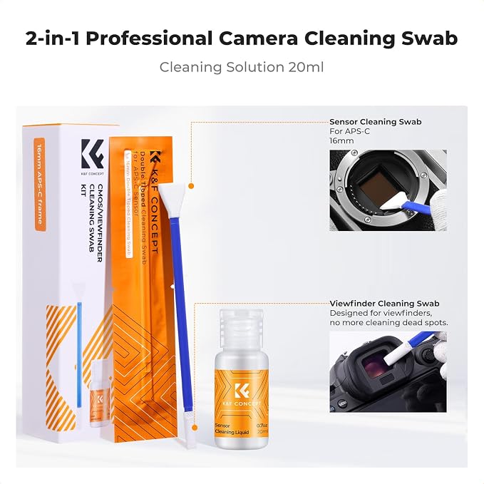 K&F CONCEPT 2-1 16mm APS-C Frame Sensor Cleaning Swab, Viewfinder Cleaning Swab, with 20ml Sensor Cleaner, DSLR Camera CMOS and CCD Sensor Cleaning Swab Kits Compatible with Nikon Sony Canon Camera - Image 2