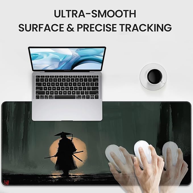 35.4 x 15.7 inch, XXL Extra-Large Gaming Mousepad, Featuring a Japanese Lone Samurai Design, a wear-Resistant, Scratch-Resistant, and Waterproof Surface, and a Non-Slip Rubber Base.