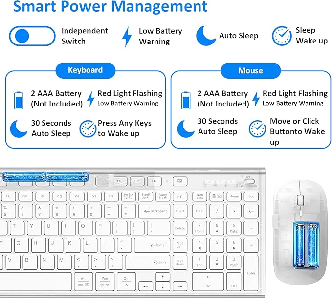 Wireless Keyboard and Mouse, GALENMORO Silent Quiet Combo Low Profile USB C Full Size Compact with Number Pad Flat Soft Touch Cordless for Mac Computer PC Laptop Macbook iMac Office - White and Silver