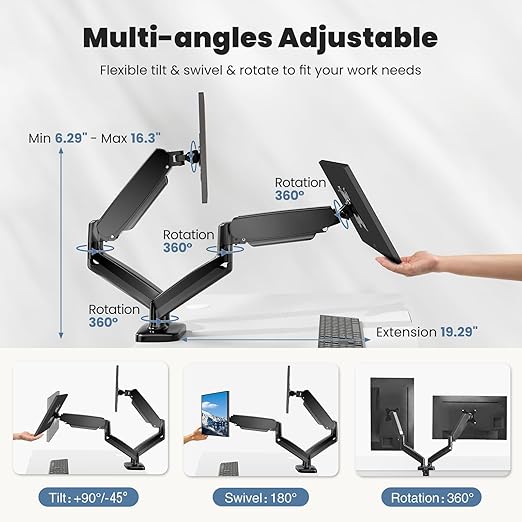 DUMOS Set of 2 Dual Monitor Stand for Desk, Gas Spring Monitor Arm for 2 Monitors Max 32 Inches, Fully Adjustable Double Monitor Mount, VESA Mount with C-Clamp/Grommet Base, Holds Screen 17.6 lbs