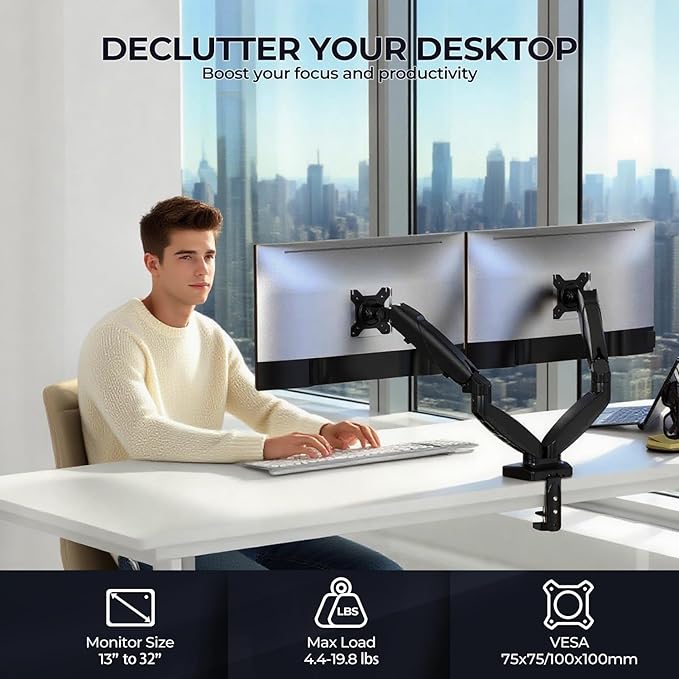 Dual Monitor Arm Stand - Holds 2 Computer Screens up to 32 Inches & 20 lbs Each, Pneumatic Height Adjustable Desk Mount with Articulating Swivel Arms, Full Motion VESA Bracket