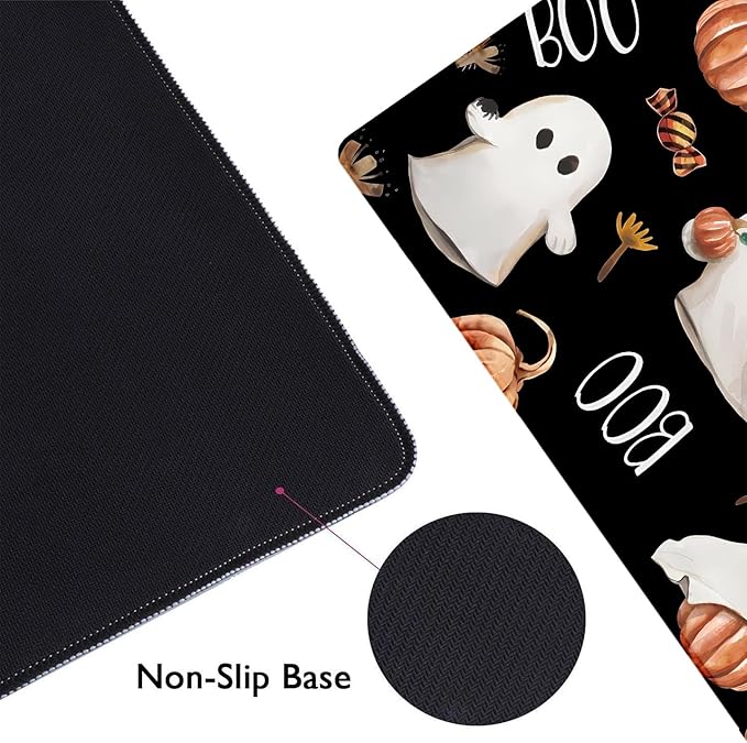 Boo Happy Halloween Large Mouse Pad, Cute Ghosts Black Desk Pad, Ripe Pumpkins Desk Mat, Computer Gaming Mouse Pad, Non-Slip Mousepad Playmat with Stitched Edges for Gamer Home & Office