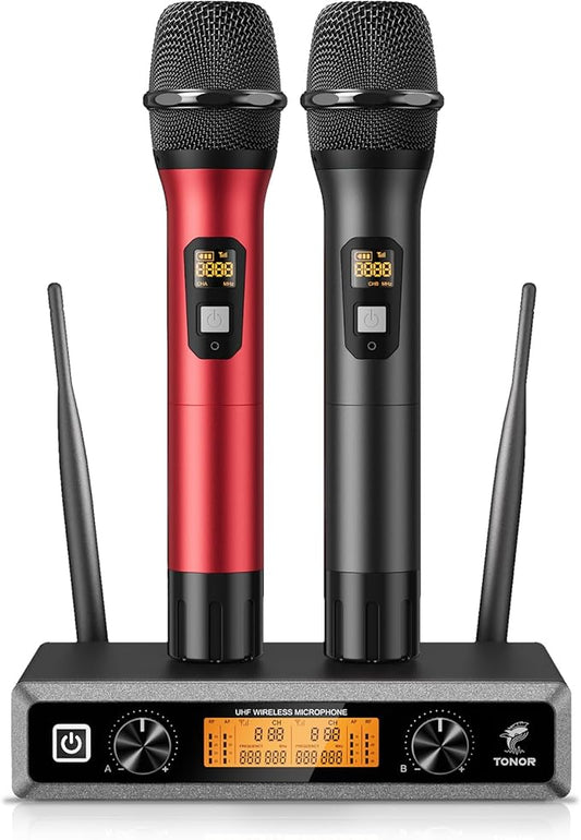 TONOR Wireless Microphones System, 2*15 Channel Metal Professional UHF Cordless Dynamic Handheld Mics with Receiver for Home Karaoke, Meeting, Party, Church, DJ, Wedding, KTV, 200ft, TW-820 Black&Red