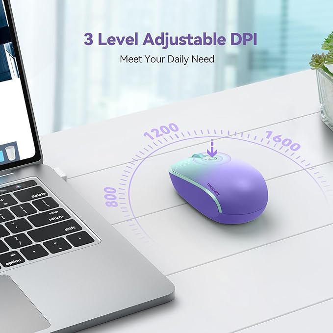 TECKNET Wireless Mouse, 2.4G Quiet Computer Mouse with USB Receiver, 4 Buttons Portable Cordless Mice for Chromebook, Laptop, PC, Mac, 800/1200/1600 DPI