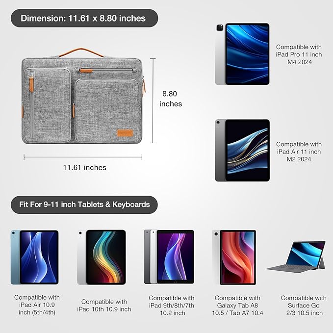 MOSISO 9-11 inch Tablet Sleeve Case for iPad A16 2025, iPad Air 11 inch M3 M2, iPad Pro 11 M4, iPad 10/9/8/7th, Galaxy Tab A9+/S9/S8/Plus 11, Side Open Carrying Bag with 4 Zipper Pockets, Gray