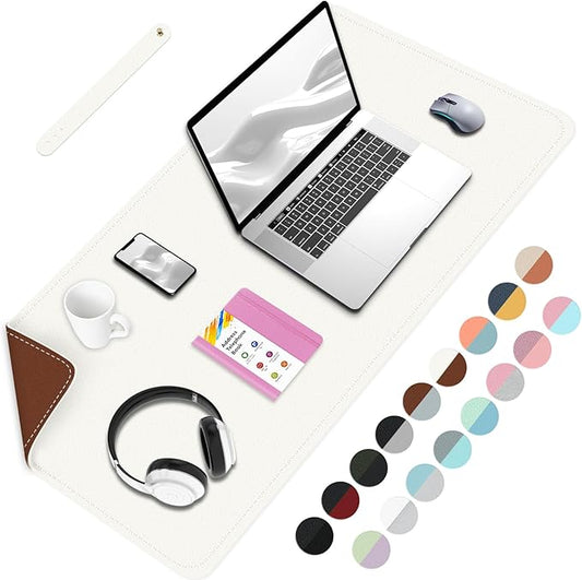 Double-Sided Office Desk Mat, Large Mouse Pad, Waterproof PU Leather Protective Pad, Laptop Desk Pad, Dual Use Cover Protector for Office/Home Keyboard (White+Brown, 31.5''×15.8'')