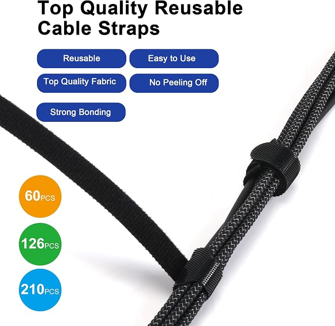 Nettbe Reusable Cable Ties, 60 PCS 8 Inches Adjustable Cord Straps Wire Organizer Cord Wrap and Hook Loop Cable Management - Image 5